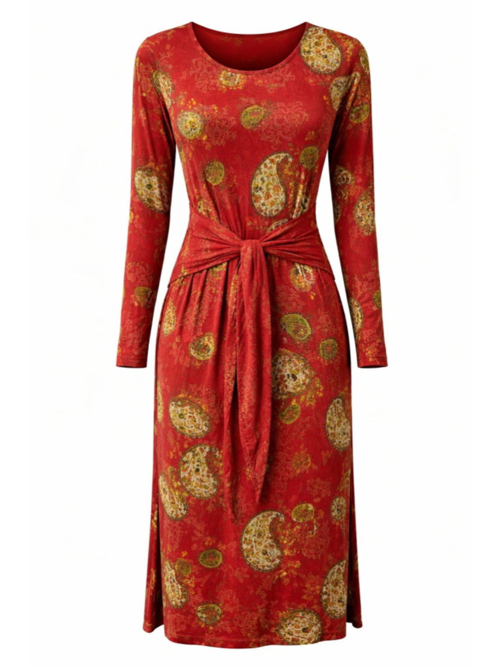 Johnny Was Flattering Red Paisley Long Sleeve Tie-Waist Dress